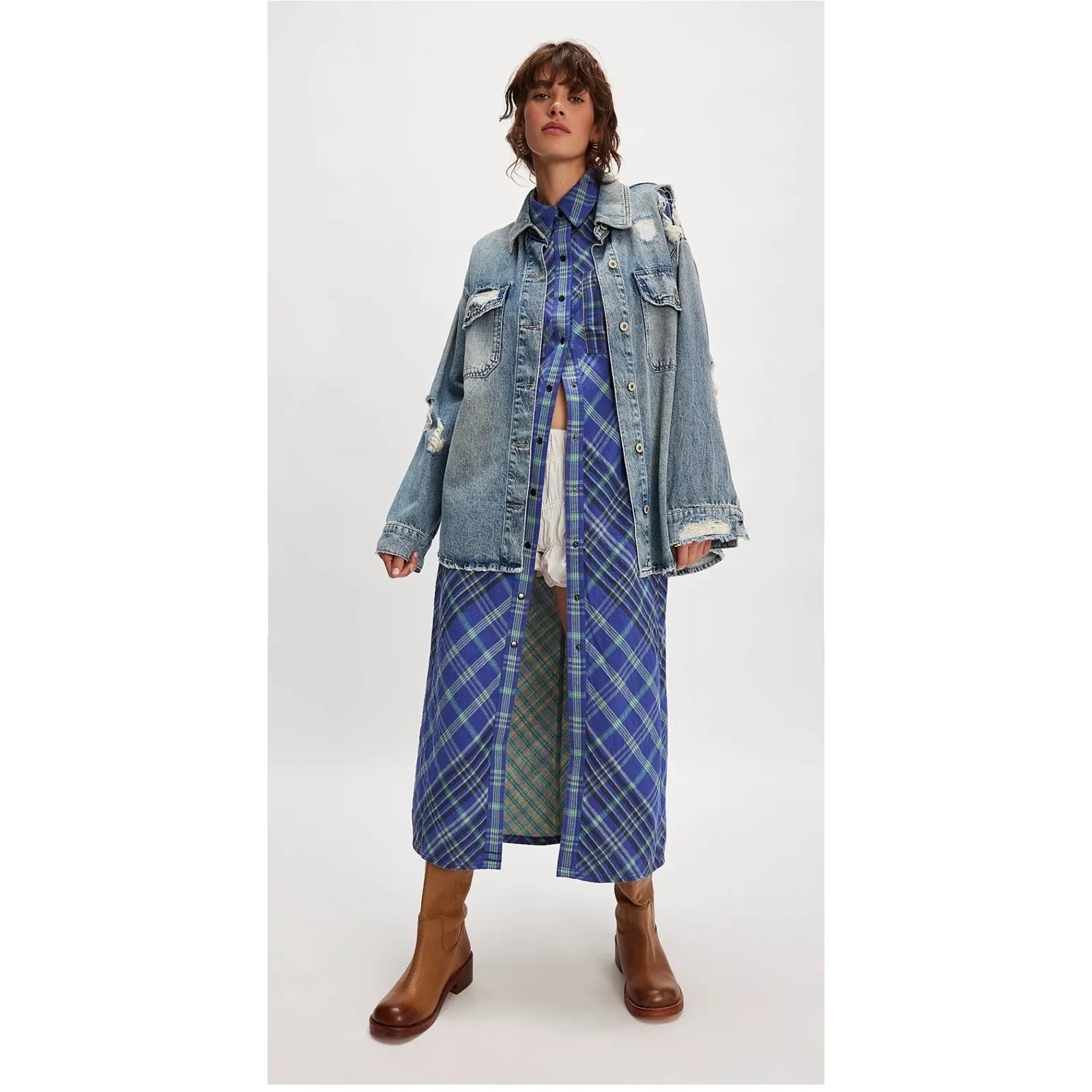 Free People We The Free Ruth Long Shirt Plaid Maxi Dress Cobalt Button Front 2 - Image 3