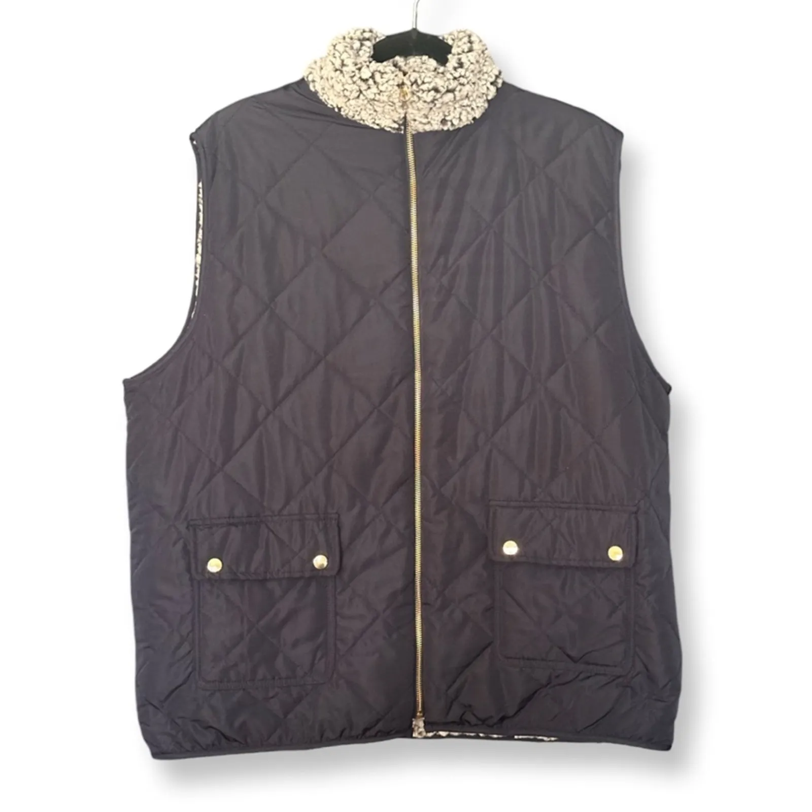 Reversible Quilted Fuzzy Vest With Pockets Navy Blue Size XL - Image 2