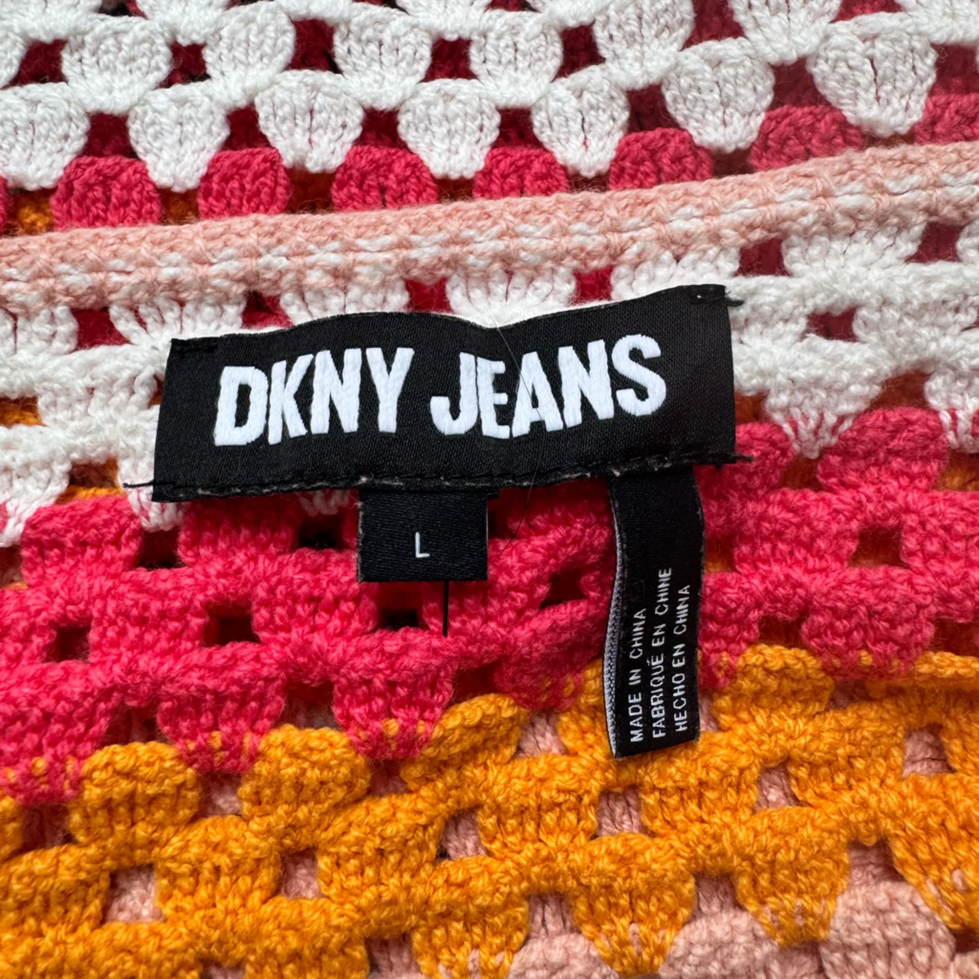 DKNY Jeans Crochet Patchwork Tank Top Pink White Orange Square Knit Size L - Image 3