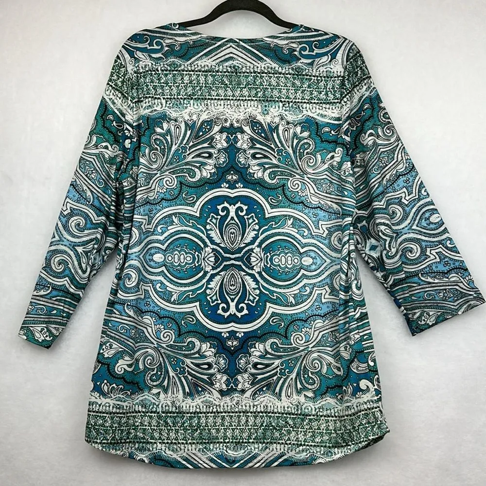 Women Blouse Top Office Career 3/4 Sleeves Floral Panel Print Size XL Stretch Green - Image 5