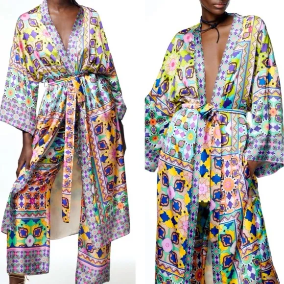 ZARA Satin lined belted kimono Jacket Duster Robe with pockets S - Image 2