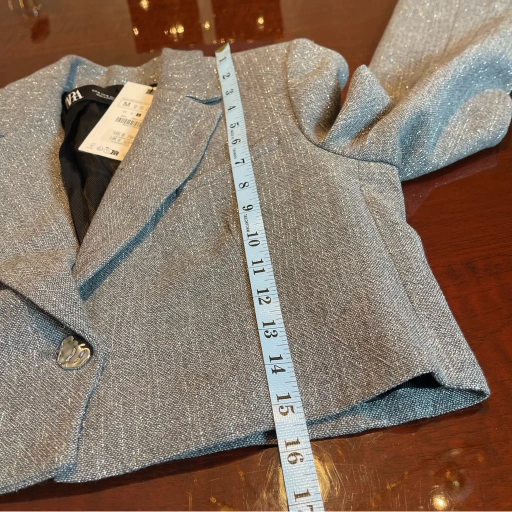 ZARA CROP BLAZER WITH METALLIC THREAD LUREX Grey Sz Medium M - Image 7