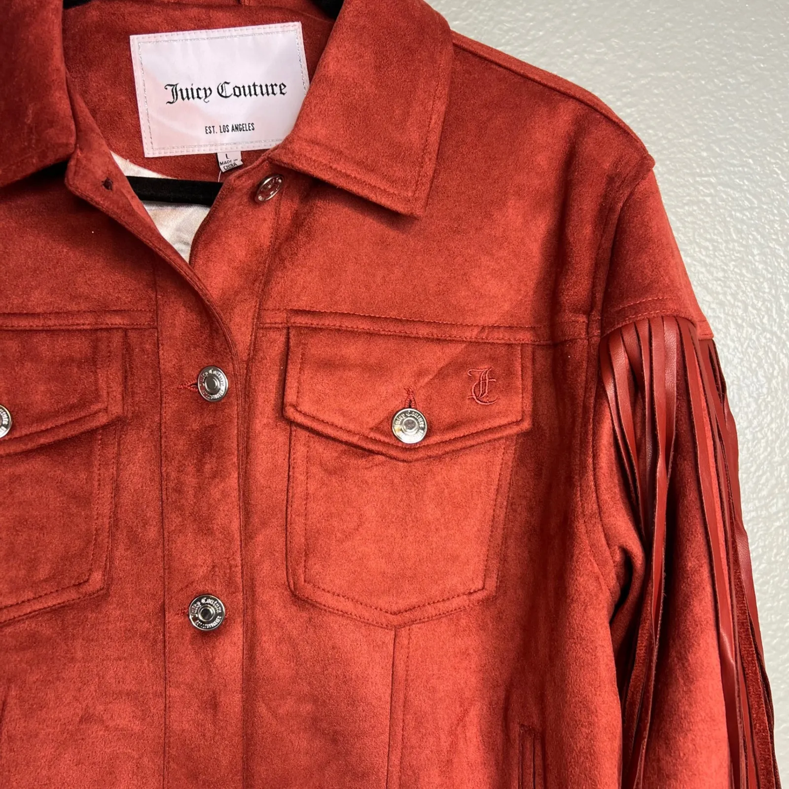 Juicy Couture Fringed Trucker Jacket Size L Rust Faux Suede Western Boho NWT - Image 5