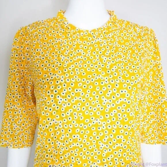 Carolina Belle yellow floral‎ print blouse ruffle crewneck, size M - Image 3