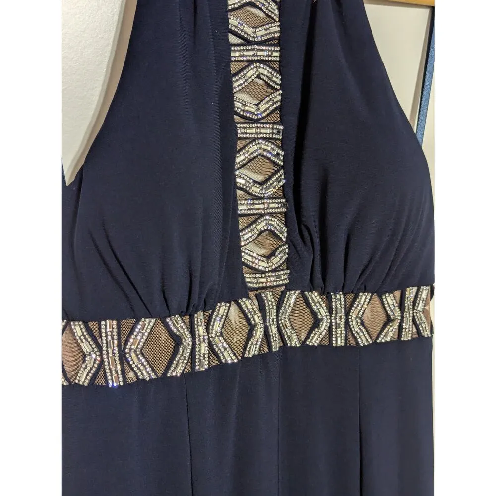 XSCAPE Crystal Embellished Halter Cut Out Dress Navy Blue Womens 8 Prom Formal - Image 5