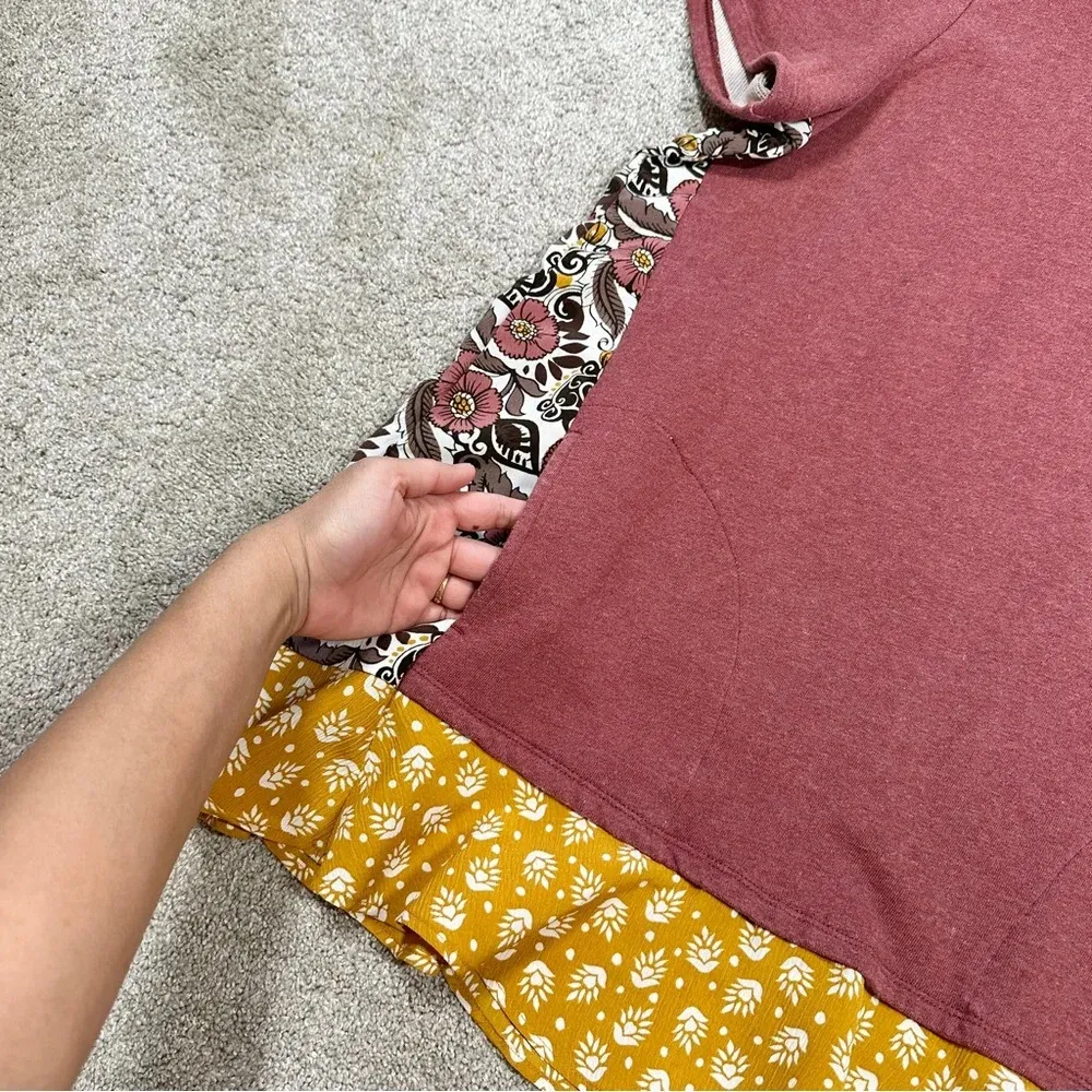 LOGO Lounge French Terry Tunic Top Boho Patchwork Floral Trim Terracotta L - Image 6