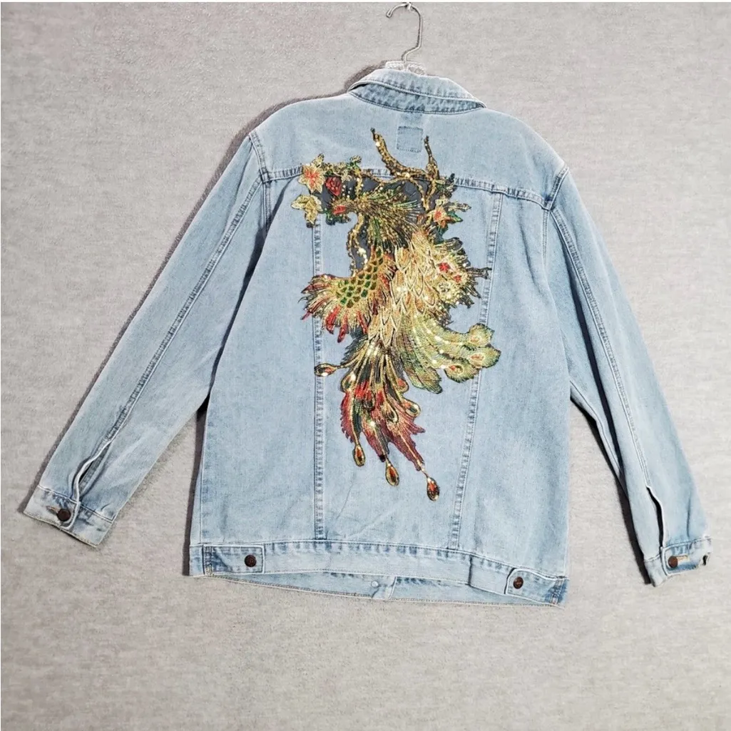 one 5 one Denim Jacket with AMAZING Peacock embroidery and sequins - Image 2