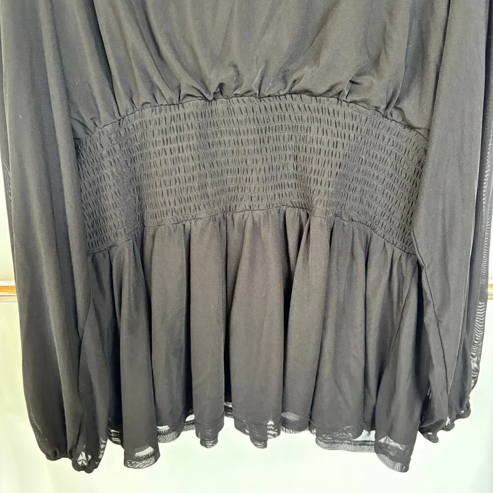 Y2K Black Ruched Whimsygoth Dark Fairy Flowy Sheer Sleeves Witchy Blouse XL - Image 8