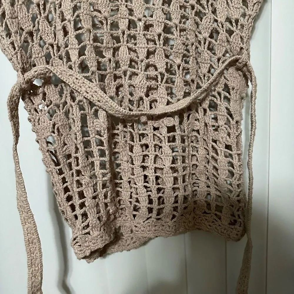 Say What USA tan crochet style cardigan with draw string to adjust, 55% Ramie, 4 - Image 6