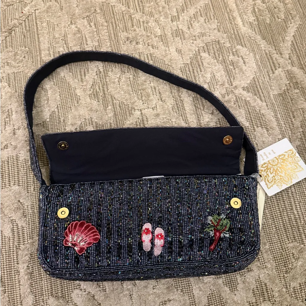 NWT Summer Beach Vacation Theme Embroidered Beaded Shoulder Bag Made in India Blue - Image 5