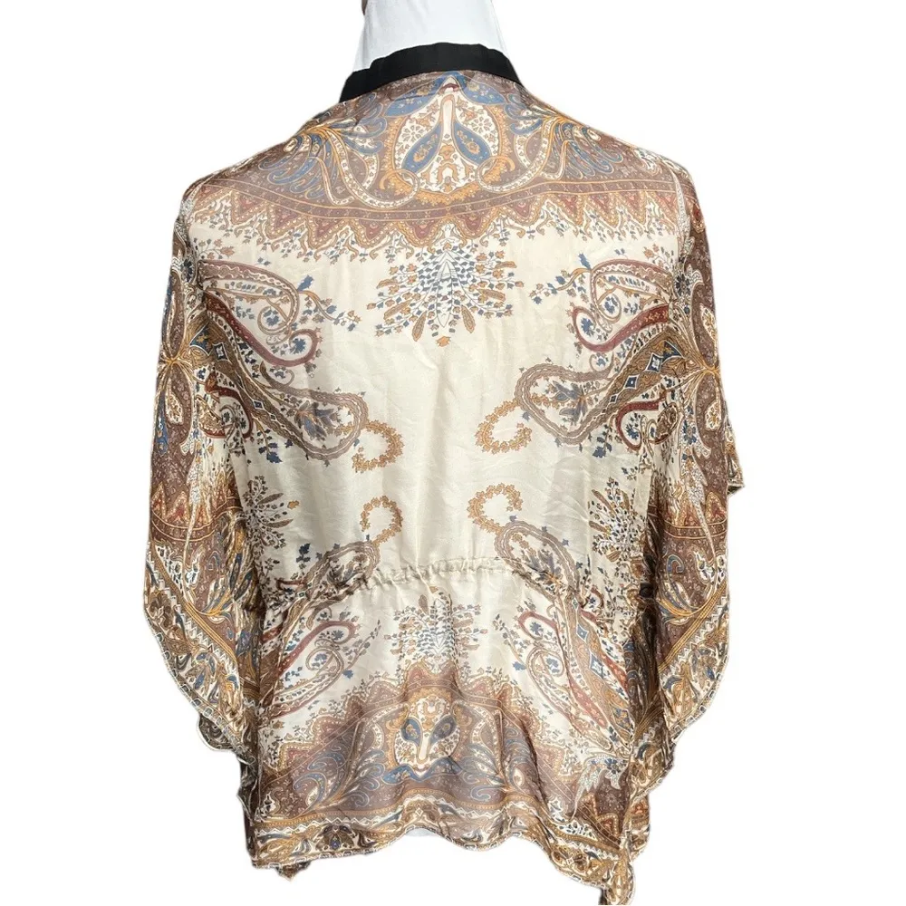 Zara Sheer Silk Button Down Scarf Blouse Cream Brown Size Medium - Image 2