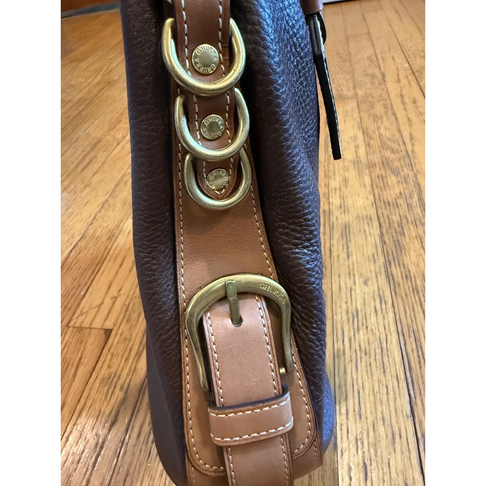 Ghurka Shoulder Bag Womens Brown Leather Pebbled Purse Brass Hardware Handbag - Image 6