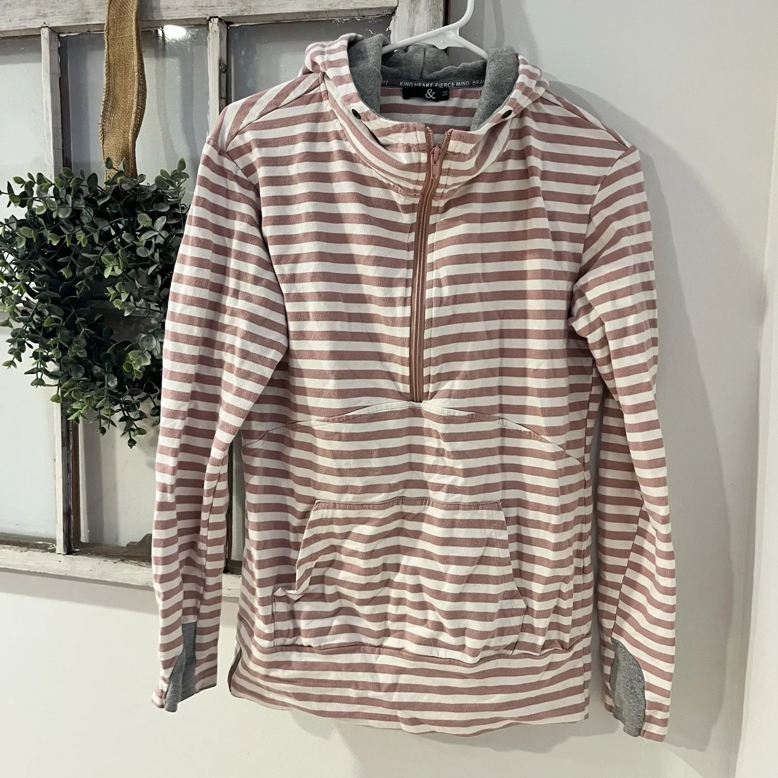 Ampersand Avenue Pink Stripe Thumb hole Casual Hooded Sweatshirt Size Women's M Size M - Image 2