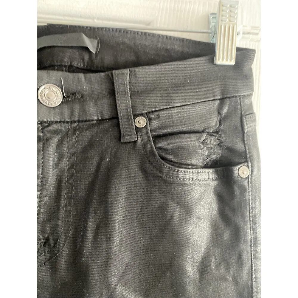 7 For All Mankind‎ Women's 26 Black Shiny Skinny Jeans Denim Grunge Moto - Image 2