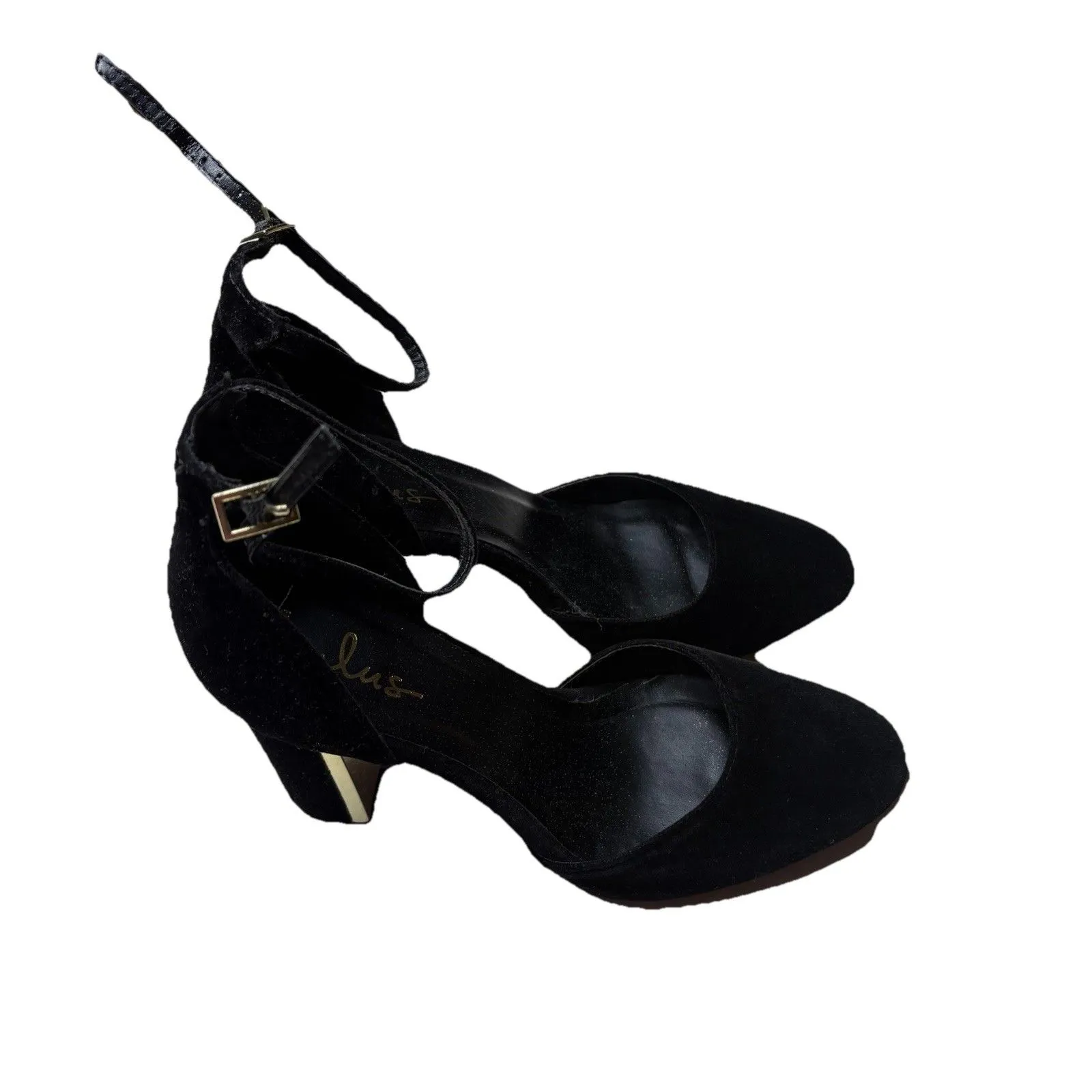 Lulus Black Suede Shoes Gold Accent Block 4" Heel Ankle Strap Slingback Size 10 - Image 4