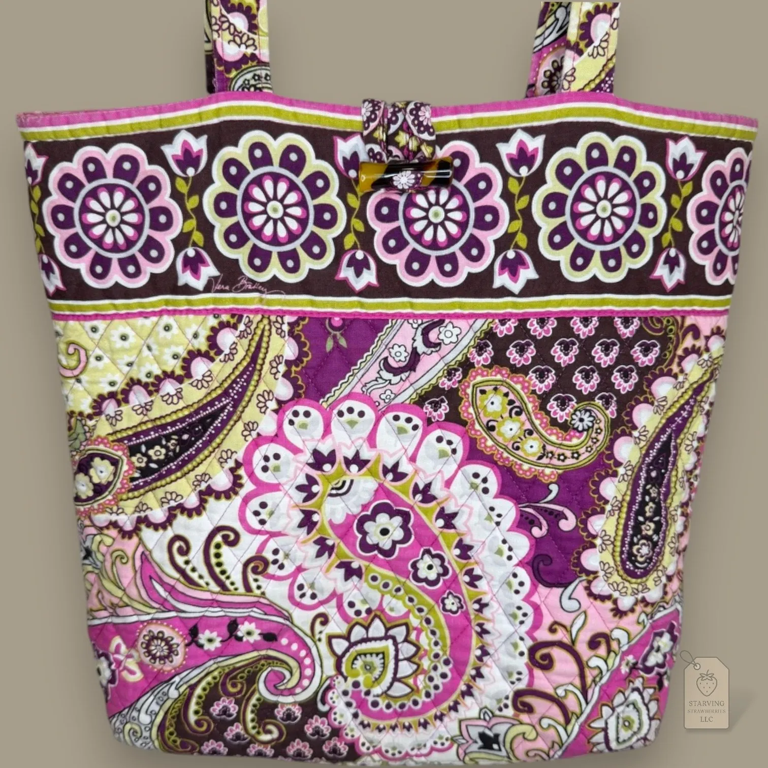 Vera Bradley Quilted Tote Bag Paisley Floral Pink Brown Yellow - Image 2