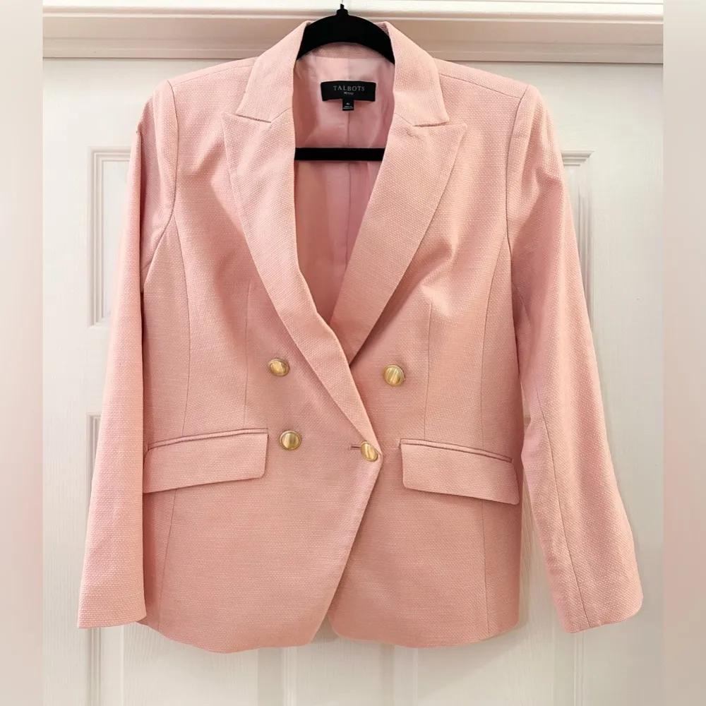Talbots TEXTURED DOUBLE BREASTED BLAZER Pastel Warm Blush Pink sz 4P - Image 3