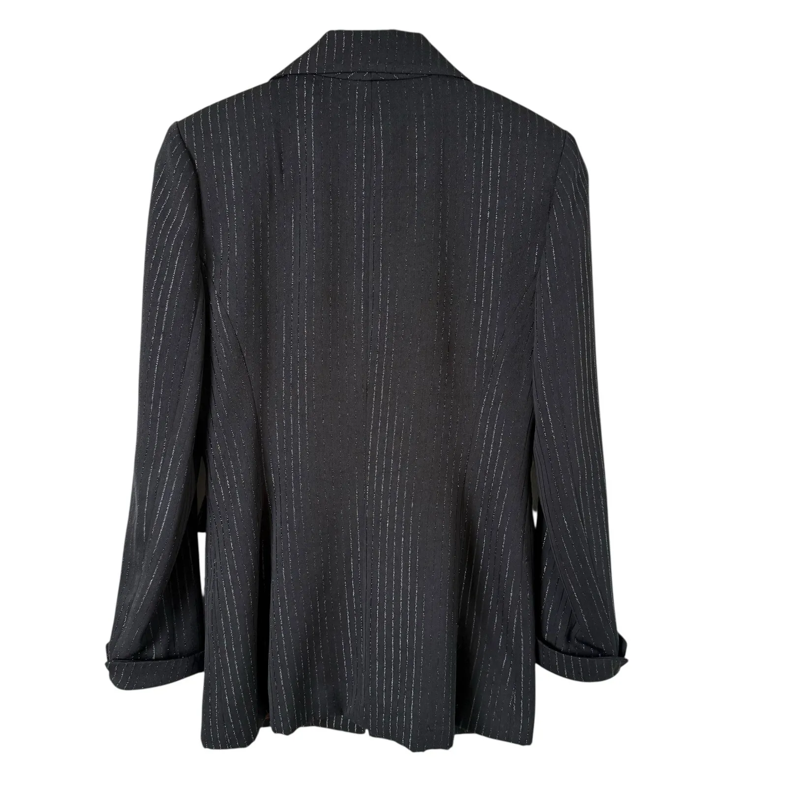 Vintage 90s Metallic‎ Pin Stripe Blazer Black Evening Jacket One Button, Size 4 - Image 8
