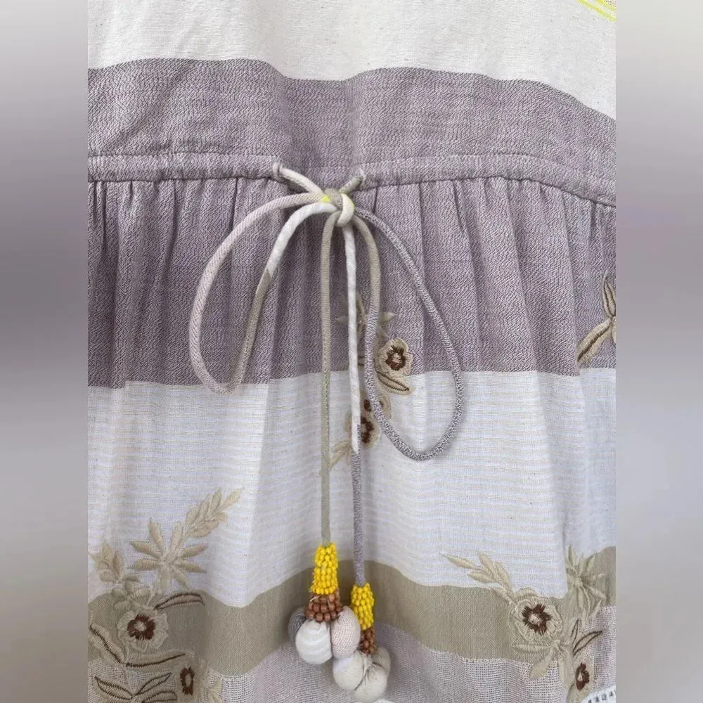 HEMANT & NANDITA Mana Striped Embroidered Cotton Blend Mini Dress small Tan - Image 7