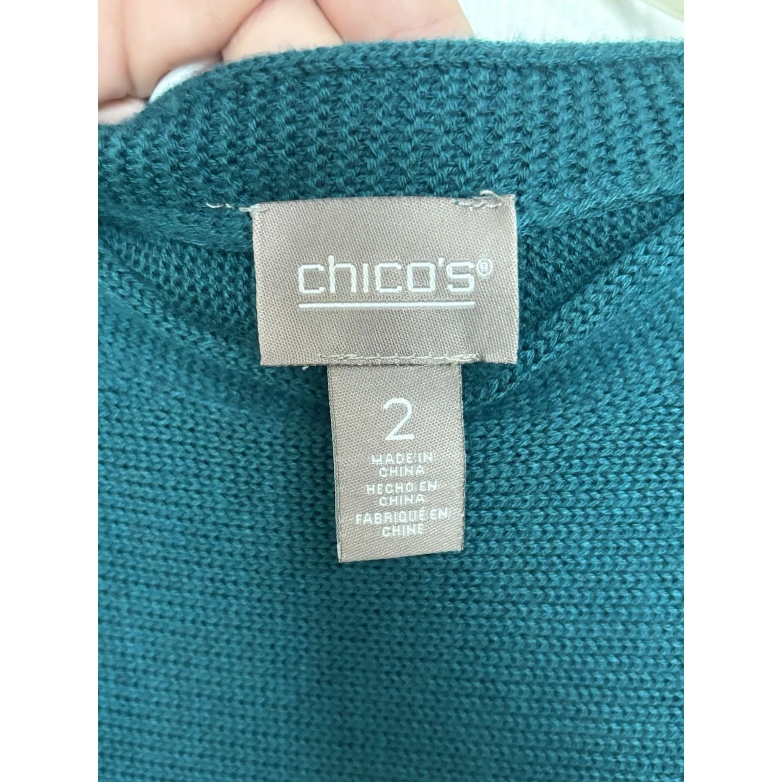 Chico’s Cashmere Blend Teal Crewneck Fringe Sweater Size 2 Large Comfy Casual - Image 3