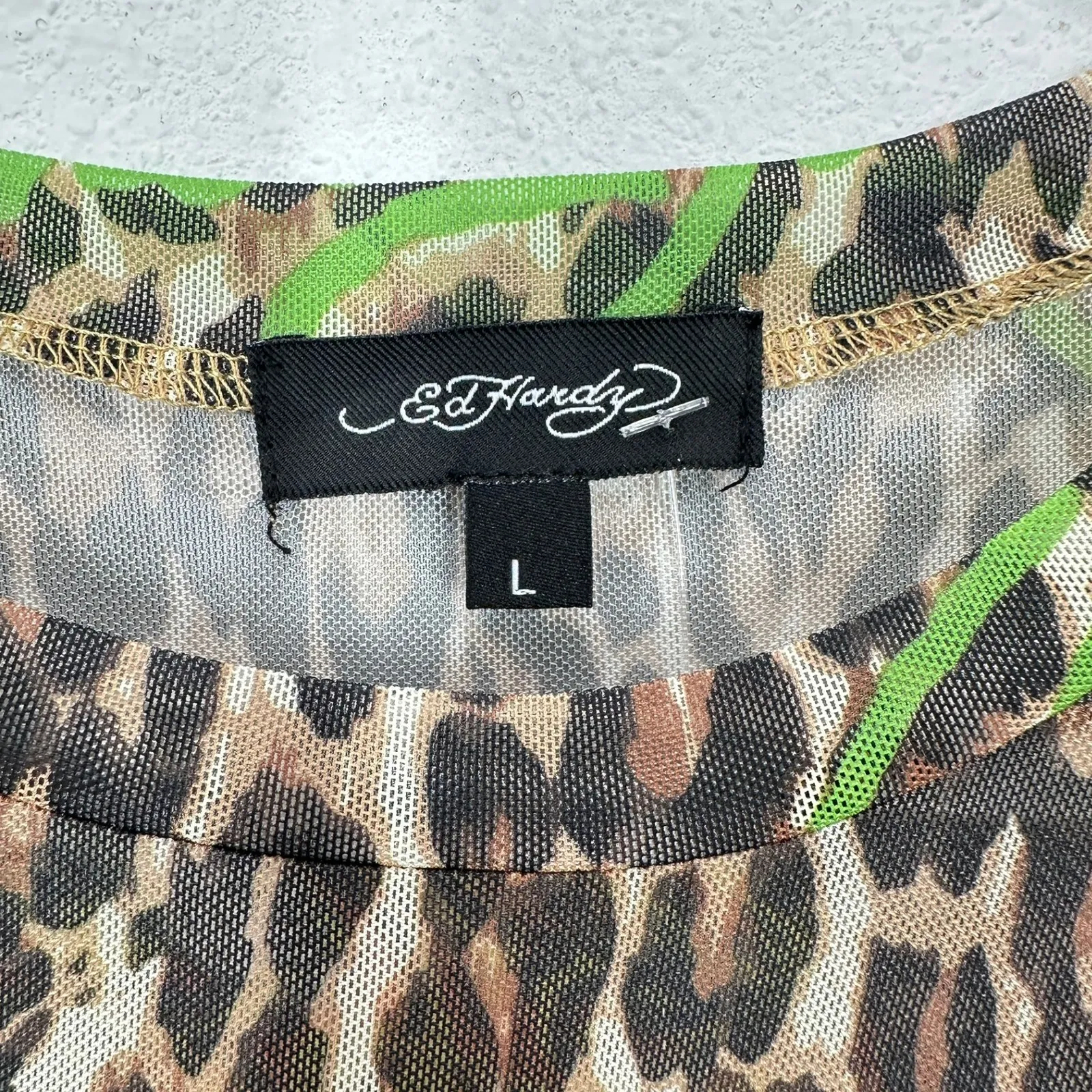 Ed Hardy Women's Long Sleeve Sheer Mesh Tiger Leopard Print Top Shirt Size L NWT - Image 3