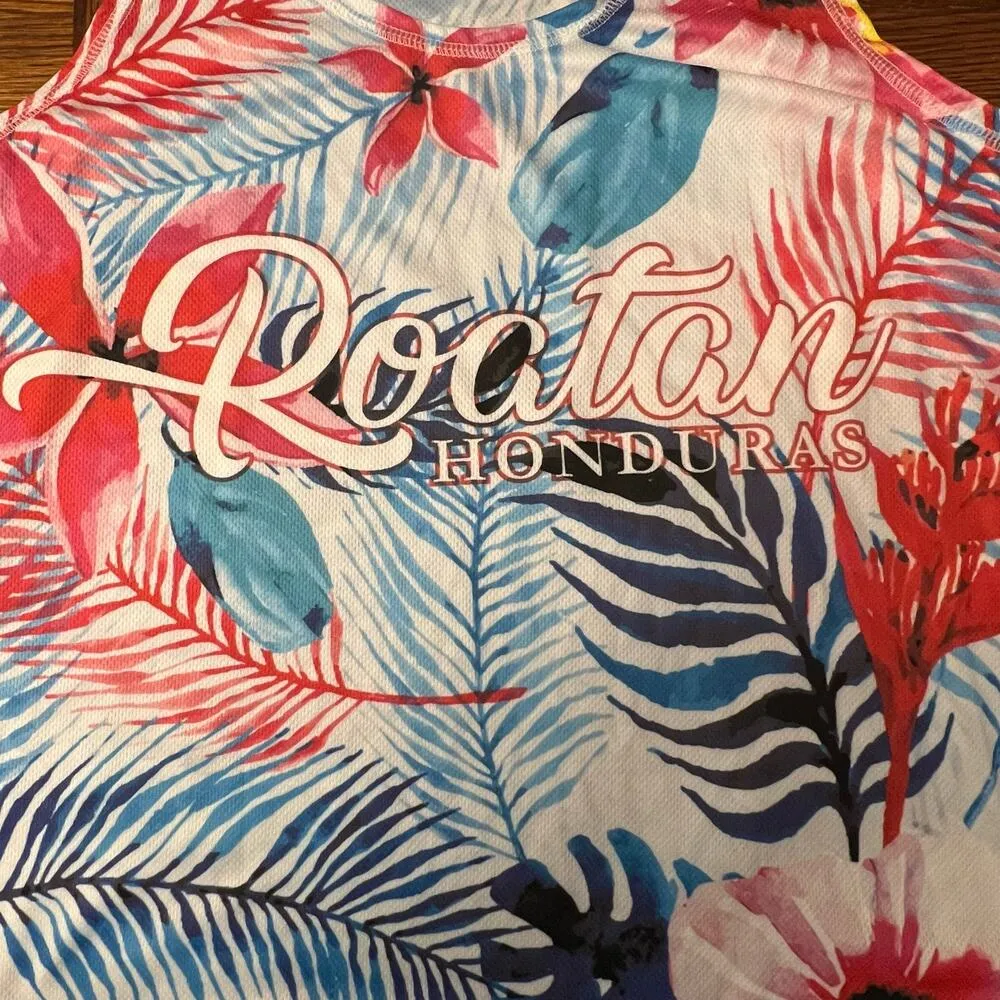 Roatan Honduras Tropical Print Palm Tree Tank Size Medium Pink - Image 5