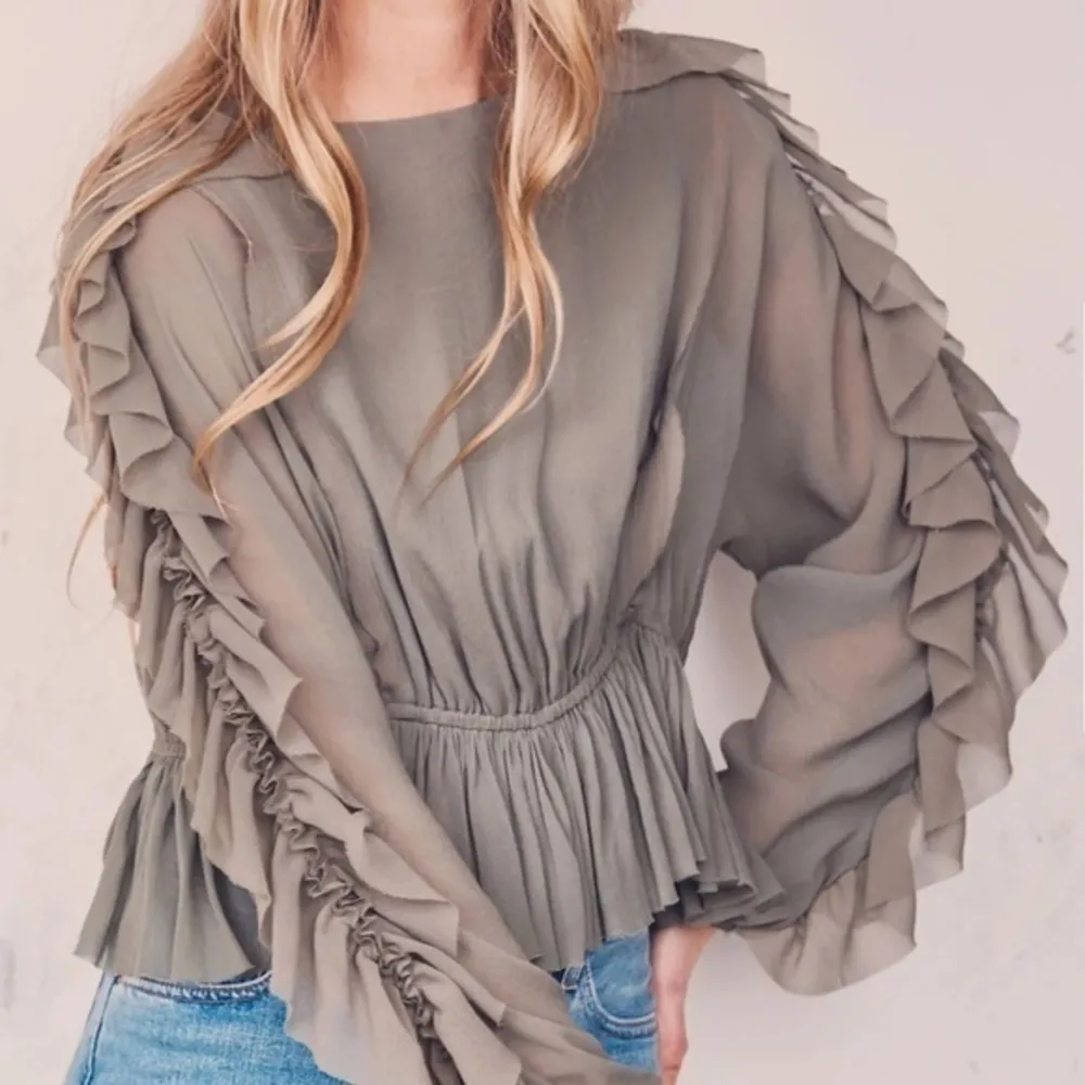 Love Shack Fancy • Olive Green Ruffle Nellie Sleeve Top - Image 89