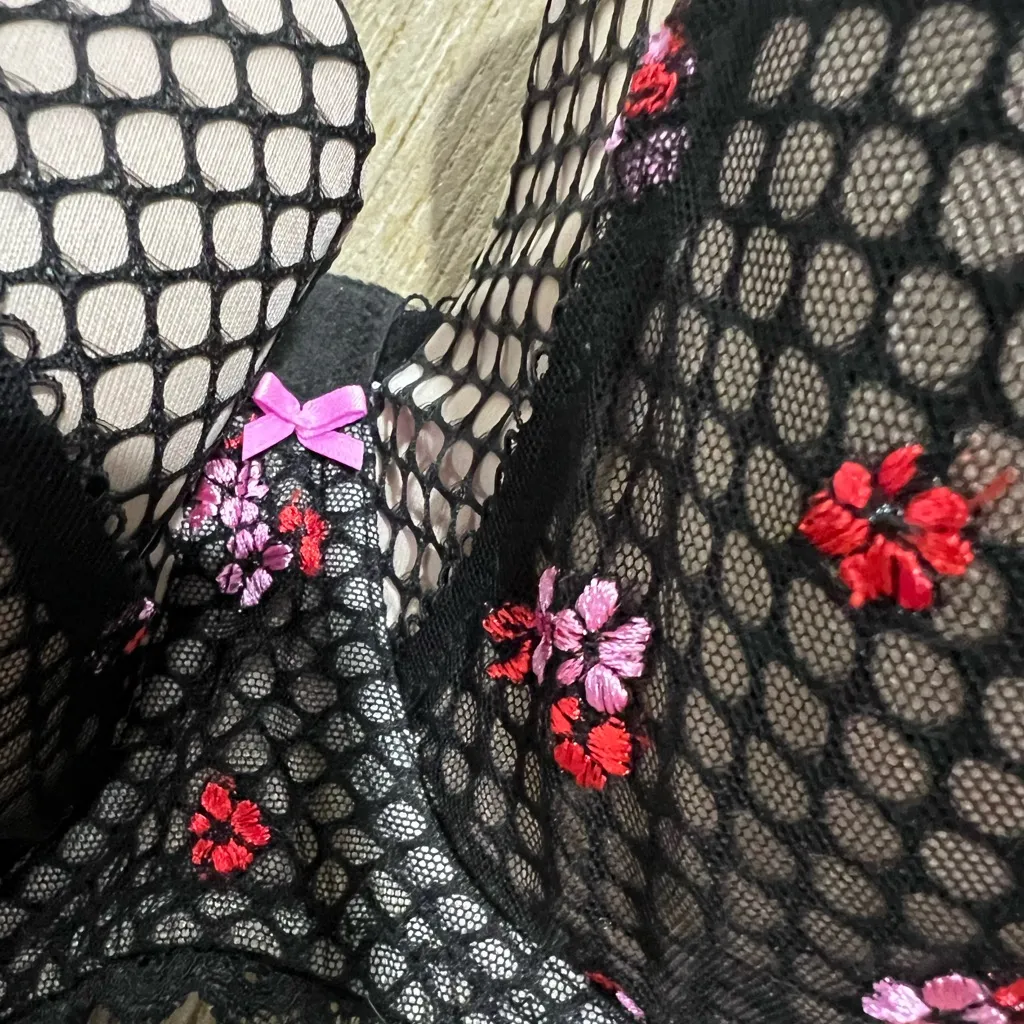 Dream Angel embroidery & Lined Demi coverage Black Floral Mesh net two tone Bra Size undefined - Image 6