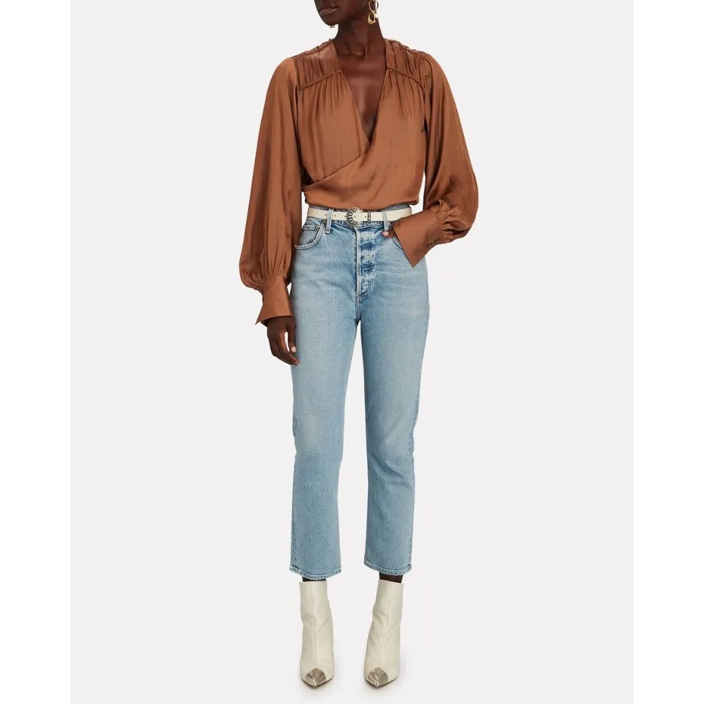 FRAME Long Sleeve Crossover Top in Bronze Small New Womens Satin Blouse - Image 16