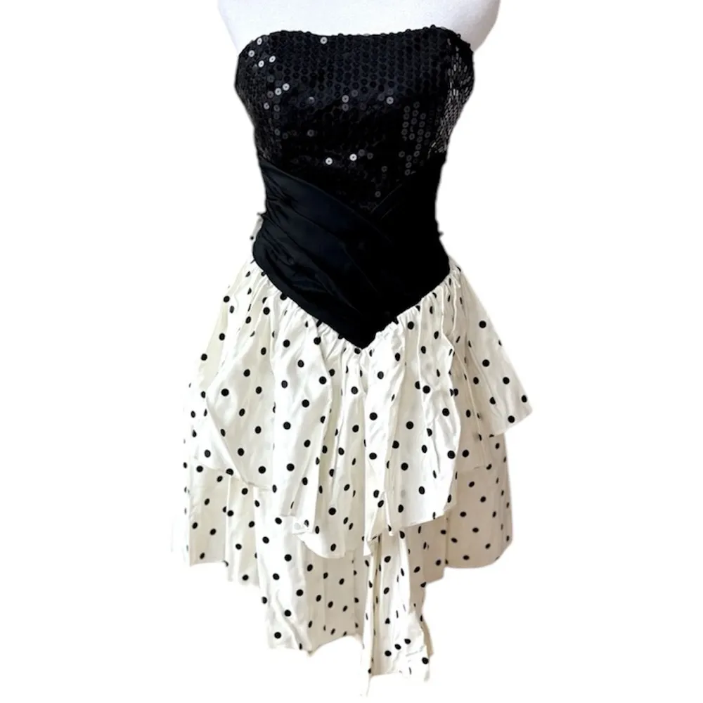 ZUM ZUM Vtg 80s Taffeta Ivory Black Polka Dot Bow Back Strapless Prom Dress 9 Jr Size undefined - Image 16
