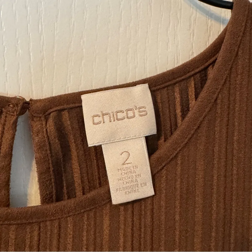 Chico’s Pleated Faux Suede Chocolate Brown Pleated Cold Shoulder Blouse 2 12 L - Image 5