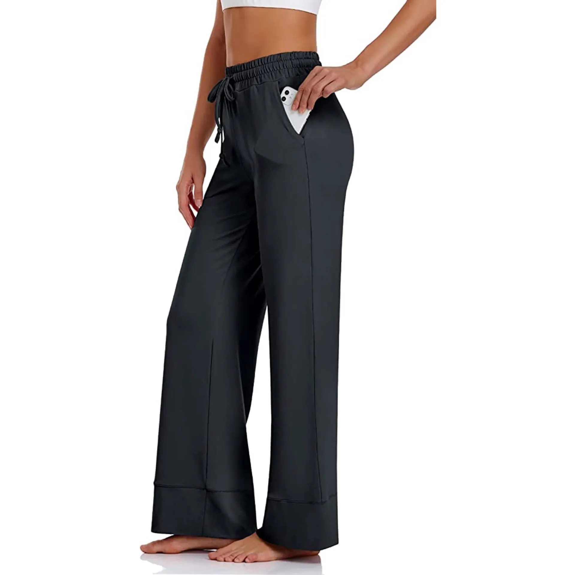 Wide Leg Yoga Pants Drawstring Workout Lounge Pants with Pockets Dark Gray S - Image 5