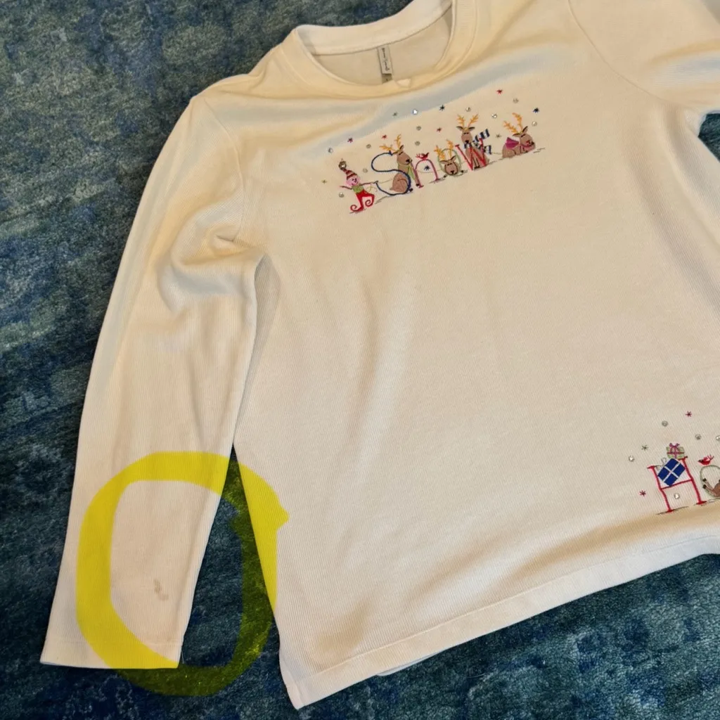 White Stag SZ L Holiday Embroidered Snow HoHo Tee Party Long Sleeve Winter Top - Image 8