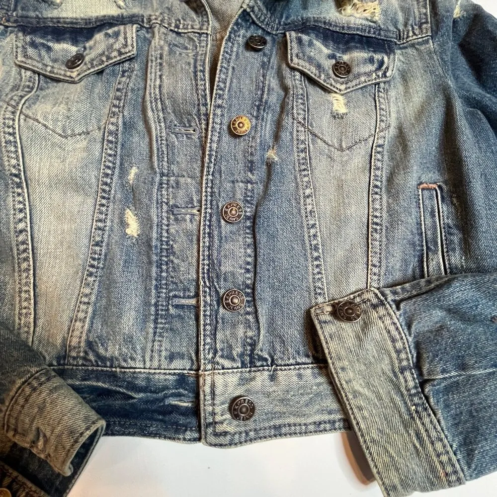 Express Distressed Denim Jacket M Y2K Edgy Grunge Streetwear Vibe Street Style - Image 3