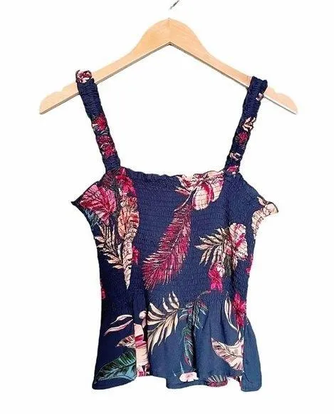 Patrons of Peace Floral Smocked Peplum Cropped Tank Navy Pink Women’s Size Small - Image 1