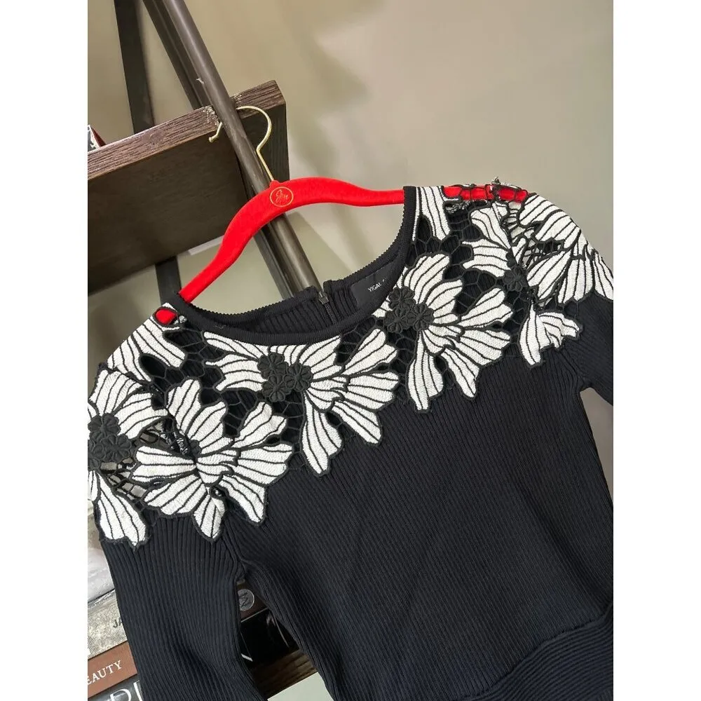 Yigal Azrouel Floral Embroidery Ribbed Knit Midi Dress Black Womens Size Small - Image 6