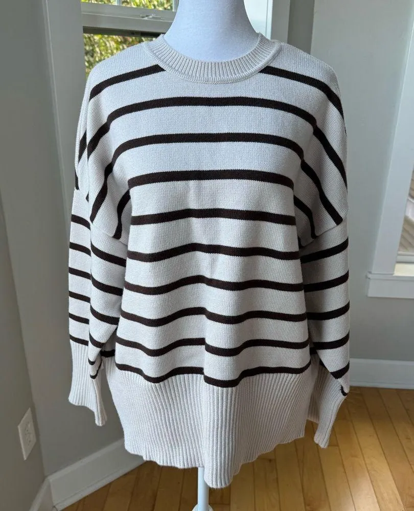 KENDALL & KYLIE Brown Ivory Striped Relaxed Oversized Crewneck Sweater Size XS/S - Image 9