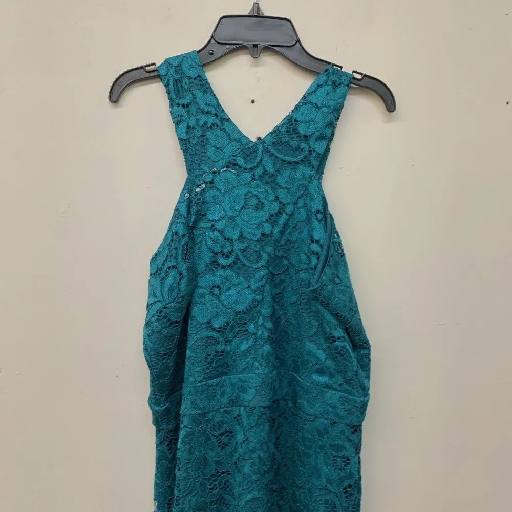 Sam Edelman Women Size 10 Teal Lace Solid Sleeveless Halter Sheath Evening Dress - Image 3