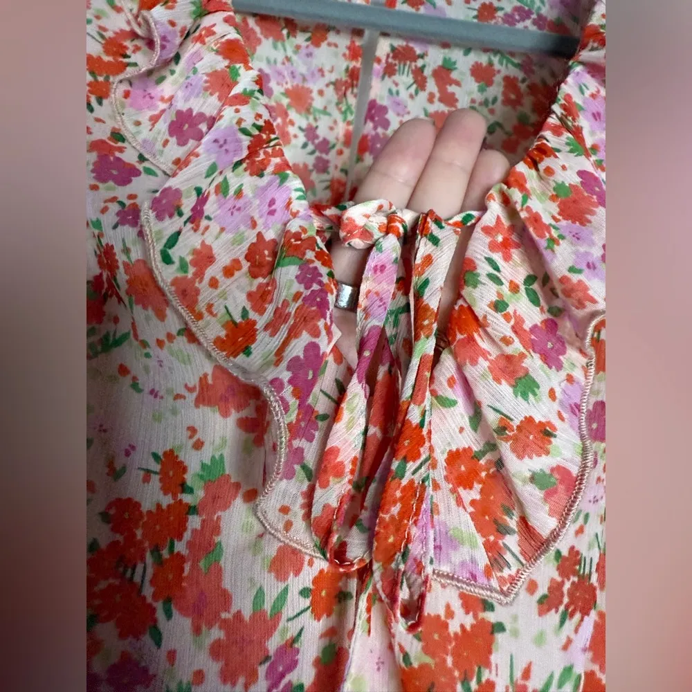 Zara Red and Pink Floral Ruffle Flutter Romper Medium - Image 6