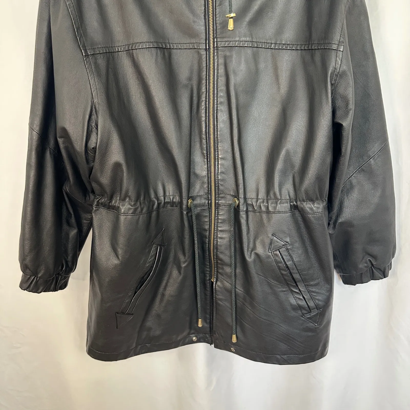 Vintage Middlebrook Park Genuine Leather Hooded‎ Jacket Drawstring Black Large - Image 4