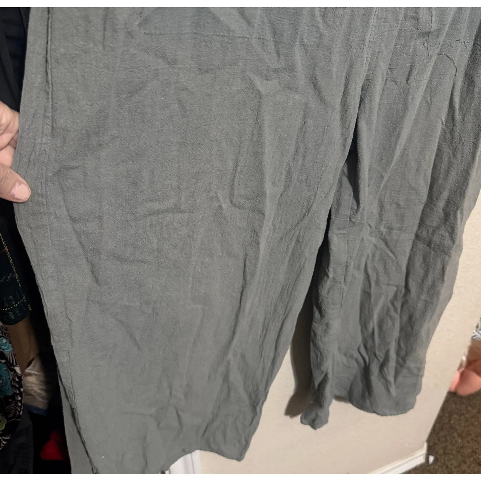 Polagram Overalls Womens Large Olive Green wide leg cropped gauzy cotton - Image 4