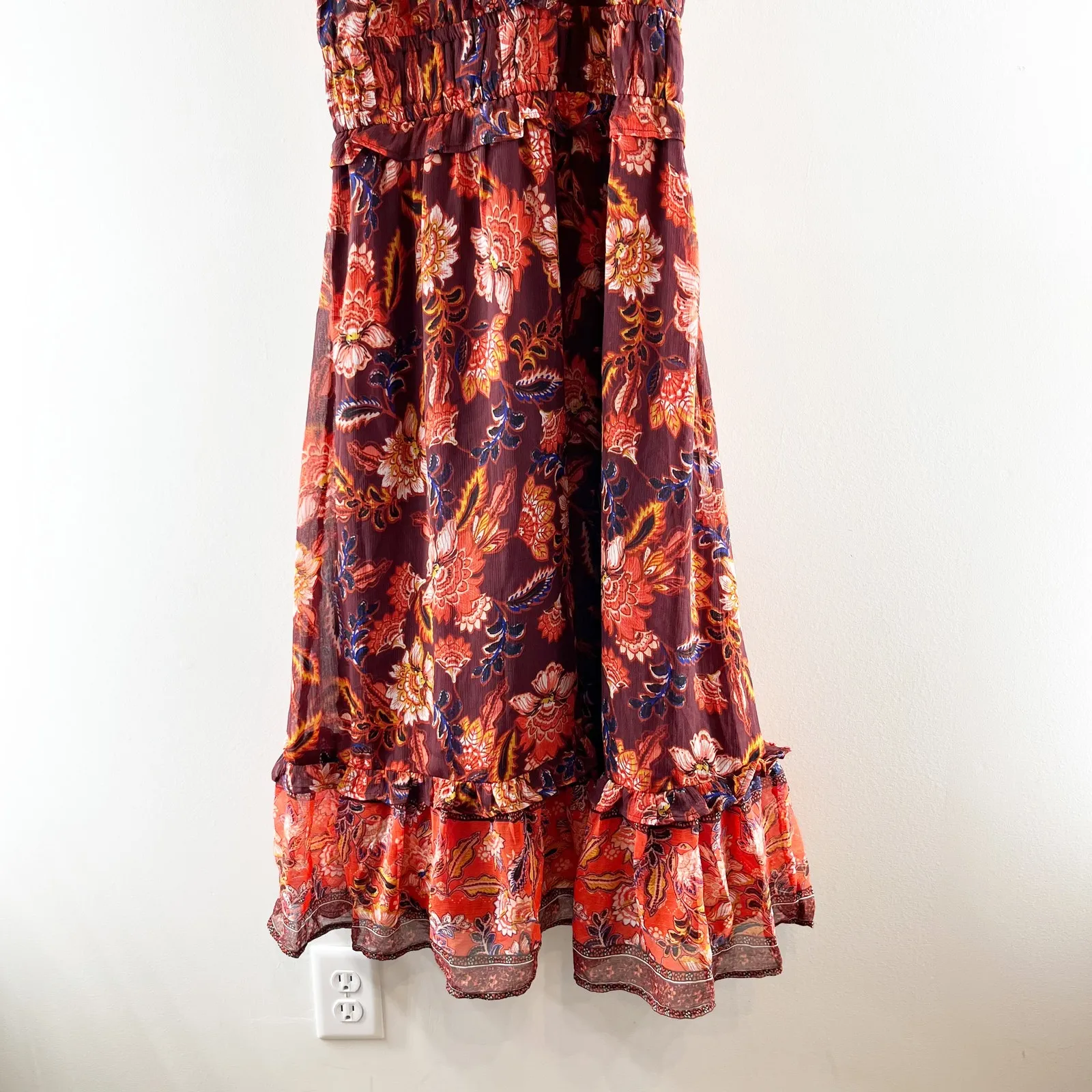 Old Navy Waist Defined Flutter Short Sleeve Floral Midi Dress Rust Red Small - Image 9
