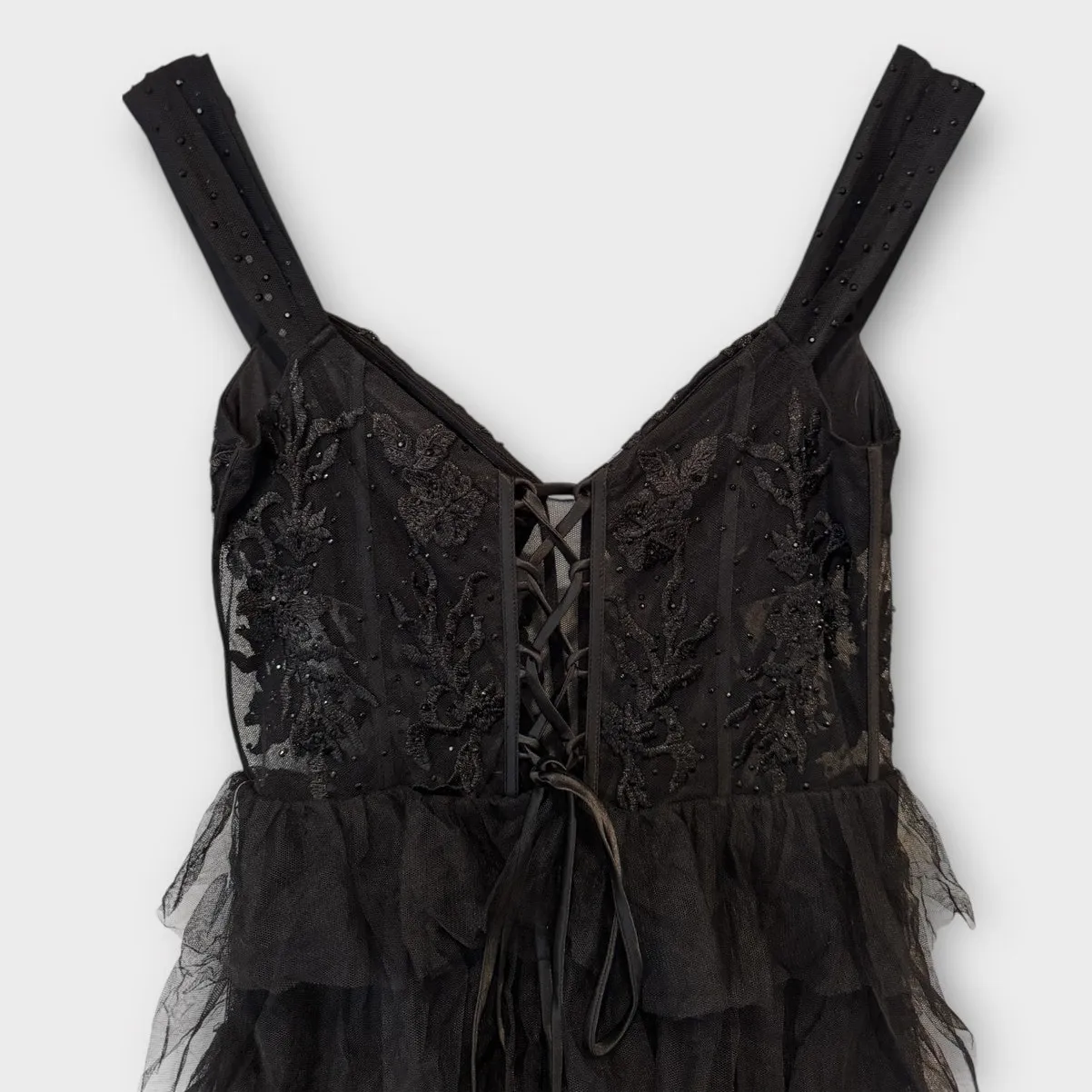 Blondie Nites "Charlotte" Long Mesh Off the Shoulder Ruffle Skirt Dress Size 13 - Image 10