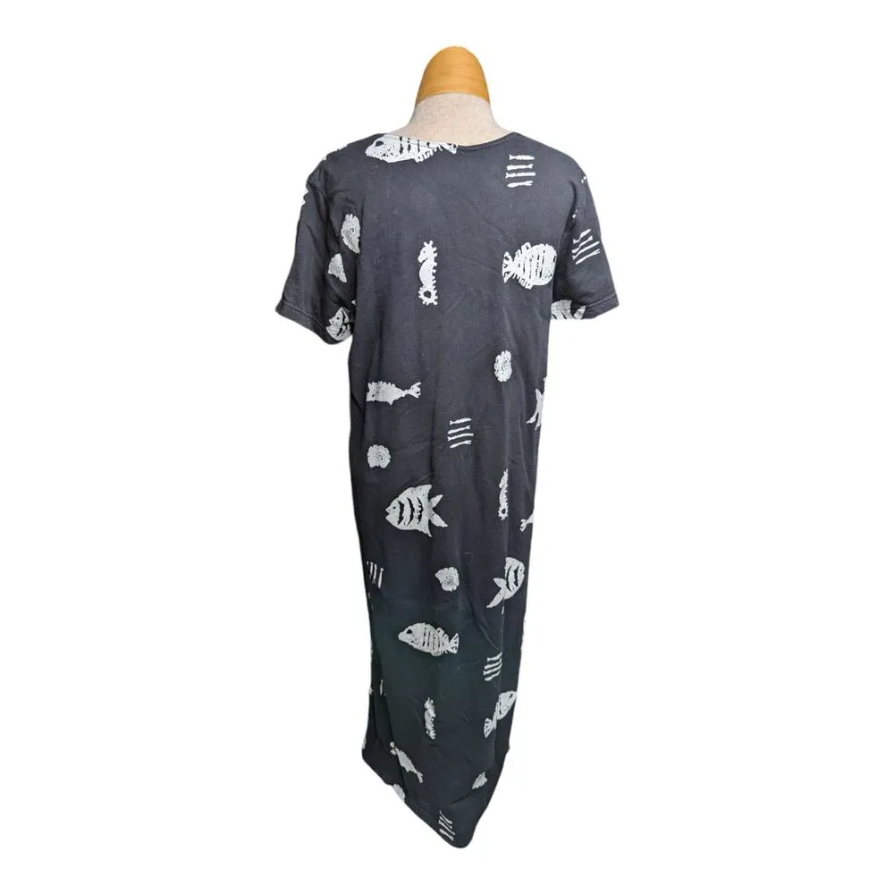 Vtg 1990s Cite Black Short Sleeve Jersey Knit Fish Block Print Maxi Dress S - Image 3