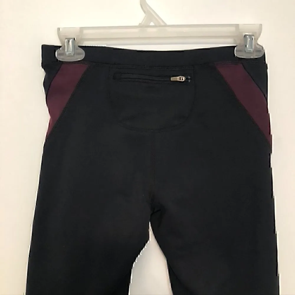 SAUCONY Black Burgundy Maroon Stripe Trim Capri Capris Active Leggings Legging - Image 7