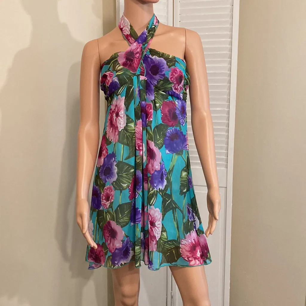 NWT Womens size small Halter tropical mini dress sundress chiffon Freshine XOXO - Image 2
