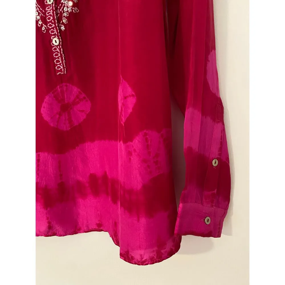 Soft Surroundings Hibiscus Lagoon Boho 100% Silk Blouse Hot Pink Red Fuschia M - Image 3