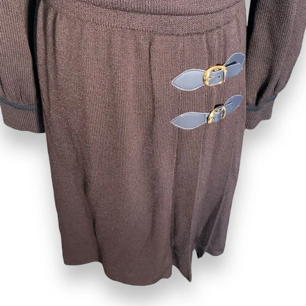 Vintage 80s St. John Collection Santana Knit Dress Brown Pleated Belted Skirt - Image 2
