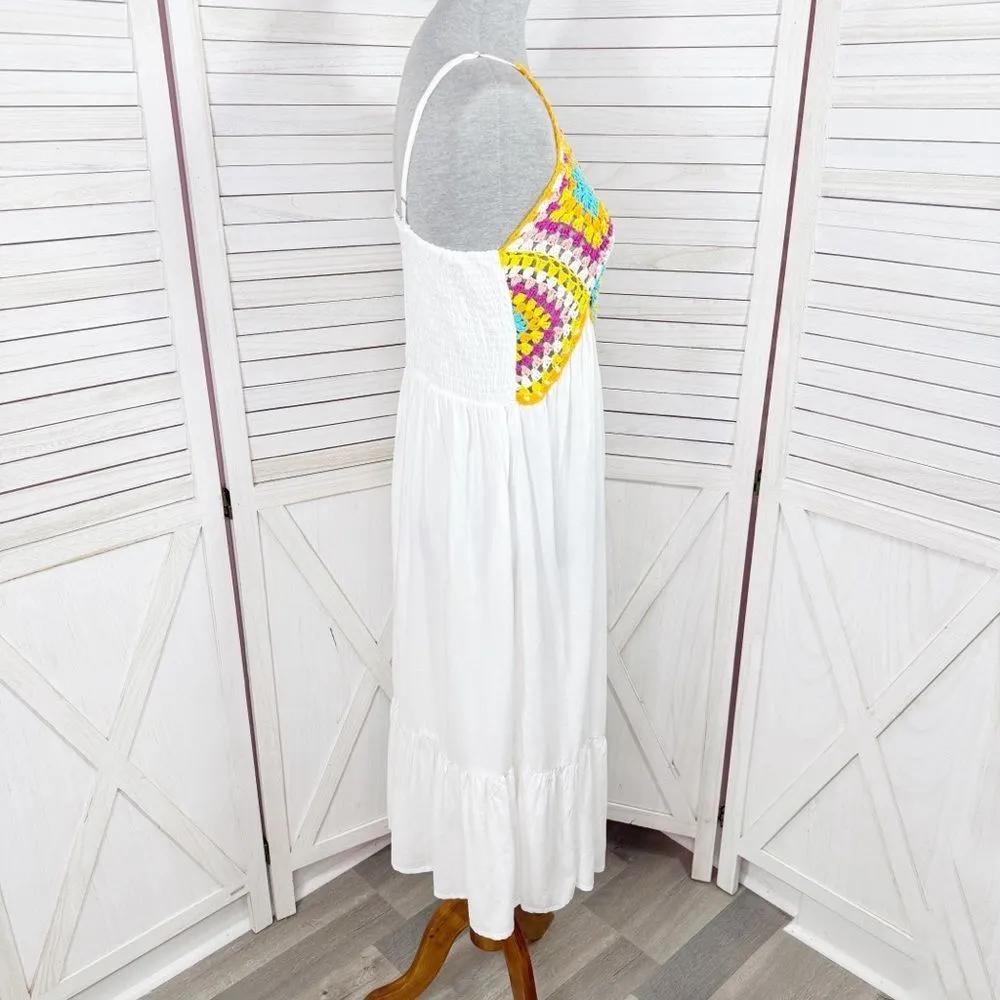Raviya Crochet Bodice Top Tiered Boho Midi Dress Cover Up White Multi‎ Medium - Image 4