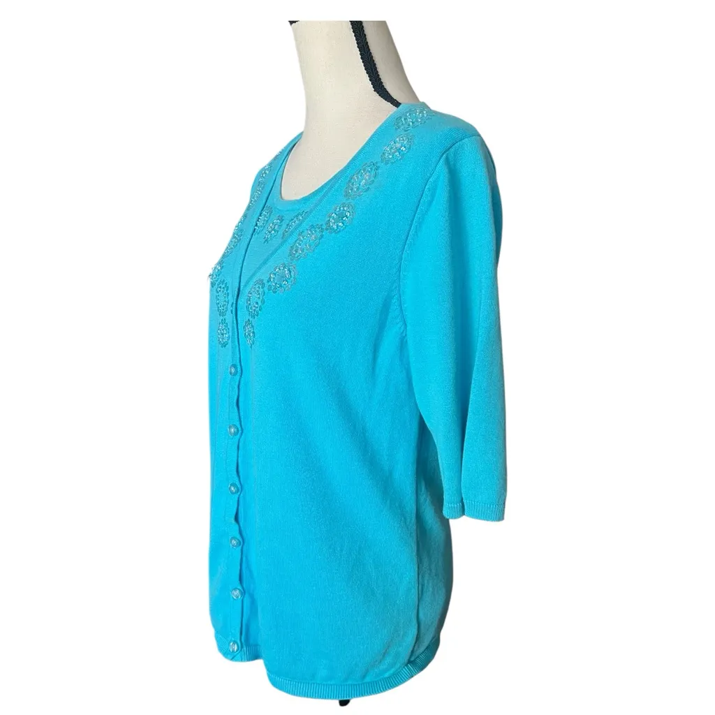 Quacker Factory Sweater Cardigan 2 piece look sequin sweater. SZ. S Blue - Image 4
